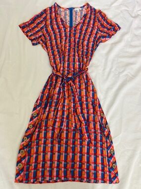 ARYESSA for Anthropologie Red Multi Plaid Tie-Waist Midi Dress